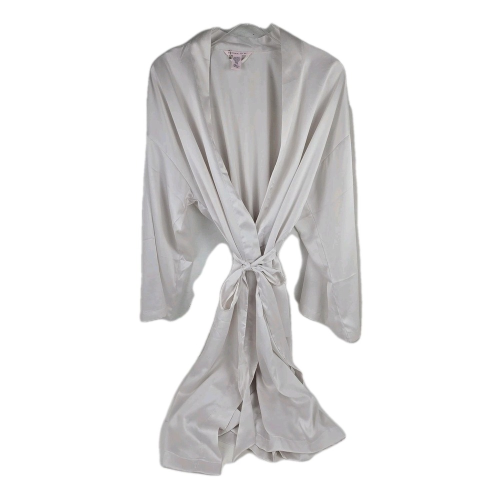 Victoria's Secret White Satin Robe Size M/L Tie Belt Long Sleeve Midi Length EUC